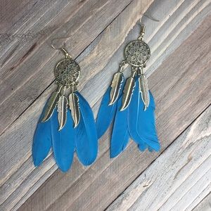 NEW teal and gold dream catcher feather Earrings